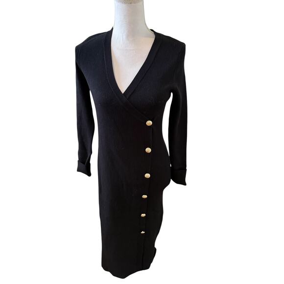 Elie Tahari Ribbed Knit Midi Sweater Dress Black Gold Button Detail L - Picture 1 of 6